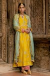 Buy_Rajiramniq_Yellow Anarkali Chanderi Tissue Printed And Embroidered Floral Gathered Set _at_Aza_Fashions