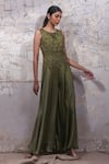 Buy_Ekru_Green Linen Satin And Organza Embroidery Floral Round Caterpillar Jumpsuit _at_Aza_Fashions