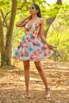 Buy_Disha Kahai_Multi Color Organza Printed Butterfly Sweetheart Neck And Embroidered Skater Dress _at_Aza_Fashions