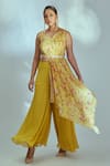 Buy_Suruchi Parakh_Yellow Georgette And Crepe Hand Embroidered Draped Crop Top & Flared Pant Set _at_Aza_Fashions