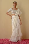 Buy_Mint blush_Ivory Chinon Chiffon Embroidered Ruffled And Pre-stitched Saree With Blouse _at_Aza_Fashions