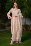 Buy_Safaa_Beige Vegan Silk Woven Chikankari Linear Pattern Notched Round Saaz Kurta Set _at_Aza_Fashions