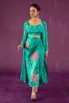 Buy_Kacha Tanka_Green Cotton Satin Applique Floral Square Mirror Embellished Jacket Skirt Set _at_Aza_Fashions