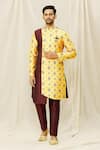 Buy_Aryavir Malhotra_Maroon Art Silk Printed Floral Asymmetrical Panel Sherwani Set _at_Aza_Fashions