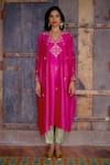 Buy_Shikha Mehta_Fuchsia Silk Chanderi Embroidered Thread V Neck Kaftan And Pant Set _at_Aza_Fashions