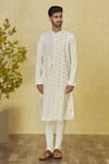 Buy_Priyanka Haralalka_Ivory Cotton, Kota Doria Embroidery Asymmetric Panelled Kurta Set _at_Aza_Fashions