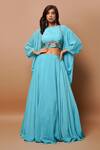 Buy_AHI Clothing_Blue Heavy Crepe Hand Embroidered Zardosi Halter Kimono Shrug And Lehenga Set _at_Aza_Fashions