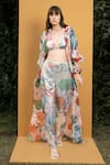 Buy_Mandira Wirk Resort_Green Georgette And Organza Hibiscus Print & Sequin V Embroidered Cape & Pant Set _at_Aza_Fashions