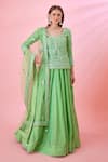 Buy_Shyam Narayan Prasad_Green Modal Satin Floral Patchwork Short Kurta Lehenga Set_at_Aza_Fashions