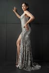 Buy_Rohit Gandhi + Rahul Khanna_Silver Tulle Embellished Sequins Plunge V Neck Ophelia Glitch Artwork Gown _at_Aza_Fashions