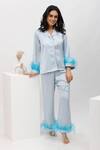 Buy_Dawn And Dusk_Blue Silky Satin Collared Neck Dream Feather Detailed Shirt And Pant Set _at_Aza_Fashions