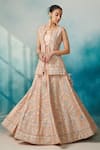 Buy_Suhino_Peach Jacket Embroidered Floral Leaf Round With Lehenga Set _at_Aza_Fashions