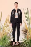 Buy_Shahin Mannan_Black Denim Rainbow Mandarin Collar And Rose Bomber Jacket Pant Set  _at_Aza_Fashions