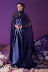 Buy_Mala and Kinnary_Blue Gown Satin Embroidered Bead And Cutdana Work Gown One With Cape  _at_Aza_Fashions