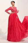 Buy_Nayna Kapoor_Red Georgette Embroidery Floral Round Neck Pearl And Flower Anarkali _at_Aza_Fashions