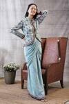 Buy_Soup By Sougat Paul_Blue Crepe Embroidery Mandarin Collar Sarouk Print Draped Skirt And Top Set _at_Aza_Fashions
