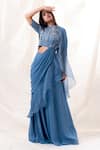 Buy_PIRI INDIA_Blue Saree  Georgette Embroidered Ruffled And Pre-draped With Crop Top  _at_Aza_Fashions