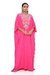 Buy_Payal Singhal_Pink Crepe Embroidery Thread Notched Floral Kaftan _at_Aza_Fashions