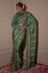 The Home Affair_Green Saree Chinon Handblock Floral Boat Striped Print Pallu With Blouse _at_Aza_Fashions