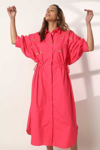 Buy_Studio Moda India_Pink Cotton Collared Dale Batwing Sleeve Dress _at_Aza_Fashions