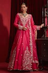 Buy_Ajiesh Oberoi_Pink Dupion Silk Embroidered Floral Patterns V Neck Naira Long Anarkali Set _at_Aza_Fashions