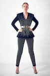 Buy_Rohit Gandhi + Rahul Khanna_Blue Crepe Crystals V-neck Aureole Embellished Jacket And Trouser Set _at_Aza_Fashions