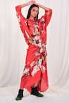 Buy_AK-OK_Red Silk Print Ostrich Round Neck Flower And Top & Skirt Set _at_Aza_Fashions