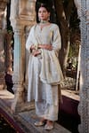 Buy_Kritika Dawar_Ivory Kurta And Palazzo Banarasi Chanderi Embroidery Gota Work Notched Set _at_Aza_Fashions