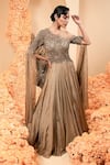 Buy_Adi By Aditya Khandelwl_Beige Tissue Georgette Embroidery Sequin Round Split Sleeve Bodice Gown _at_Aza_Fashions