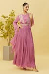 Buy_Samyukta Singhania_Purple Chinnon Embroidered Cutdana Round Floral Draped Gown _at_Aza_Fashions