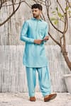 Buy_Charkhee_Blue Chanderi, , Satin Pathani Kurta And Salwar Set _at_Aza_Fashions