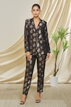 Buy_Peenacolada_Black Silk Brocade Floral Pattern Notched Lapel Blazer And Trouser Set_at_Aza_Fashions