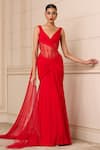 Buy_Tarun Tahiliani_Red Silk Chiffon Embroidered Crystal V Neck Work Draped Corset Gown _at_Aza_Fashions