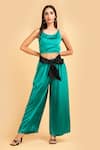 Buy_LABEL IVISH_Green Pure Silk Charmeuse Sleeveless Top And Trouser Set With Sash Belt  _at_Aza_Fashions