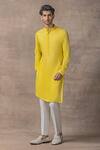 Buy_Sarab Khanijou_Yellow Moss Crepe Plain Neckline Embroidered Kurta Set _at_Aza_Fashions