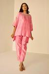 Buy_Betrue_Pink Chanderi Cotton, Silk Embroidery Boat Asymmetric Hem Shibori Top And Pant Set _at_Aza_Fashions
