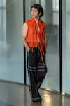 Buy_Leh Studios_Orange Viscose Organza Embroidery Silk Thread Collared Tie-up Tee  _at_Aza_Fashions