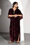Buy_K-Anshika_Maroon Velvet Embroidery V-neck Zari Neckline Kaftan _at_Aza_Fashions