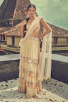 Buy_Surily G_Beige Embroidered Thread Floral Layered Lehenga Saree  _at_Aza_Fashions