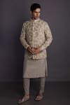 Buy_GRAM OF INK_Beige Jacket - Matka Silk Embroidery Thread And Sequin Floral Jodhpuri Set _at_Aza_Fashions