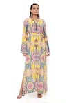 Buy_PS Pret by Payal Singhal_Yellow Crepe Printed Tropical Notched Enchanted Tassel Hem Kaftan  _at_Aza_Fashions