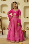 Buy_Rar studio - Kids_Fuchsia Chanderi Handloom 50% Silk X 50% Floral Blouse Lehenga Set  _at_Aza_Fashions