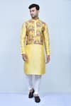 Buy_Arihant Rai Sinha_Yellow Art Silk Printed Flower Mandarin Collar Kurta Set _at_Aza_Fashions