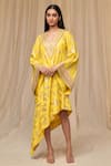 Buy_Masaba_Yellow Viscose Crepe Foil Print Camel And Floral Motifs V- Neck Oasis Kaftan _at_Aza_Fashions