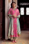 Buy_Rajiramniq_Pink Anarkali Chanderi Tissue Printed And Embroidered Floral Gathered Set _at_Aza_Fashions