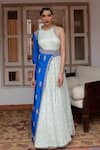 Buy_House of Dasmaya_Blue Dupion Silk Embroidered Mirror Round Anarkali With Half Asymmetrical Jacket _at_Aza_Fashions