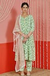 Buy_Myaara_Green Cotton, Kota Doria Lace, Piping Split Hand Block Rose Print Kurta Pant Set _at_Aza_Fashions