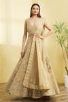 Buy_Vandana Sethi_Gold Organza Embroidered Mirror And Gota Work V Neck & Bridal Lehenga Set _at_Aza_Fashions