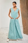 Buy_Kharakapas_Blue Linen Solid V Neck Morning Sky Jumpsuit  _at_Aza_Fashions