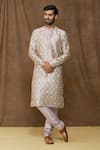 Buy_Samyukta Singhania_Cream Kurta: Jacquard Banarasi Silk Geometric Pattern Set For Men_at_Aza_Fashions